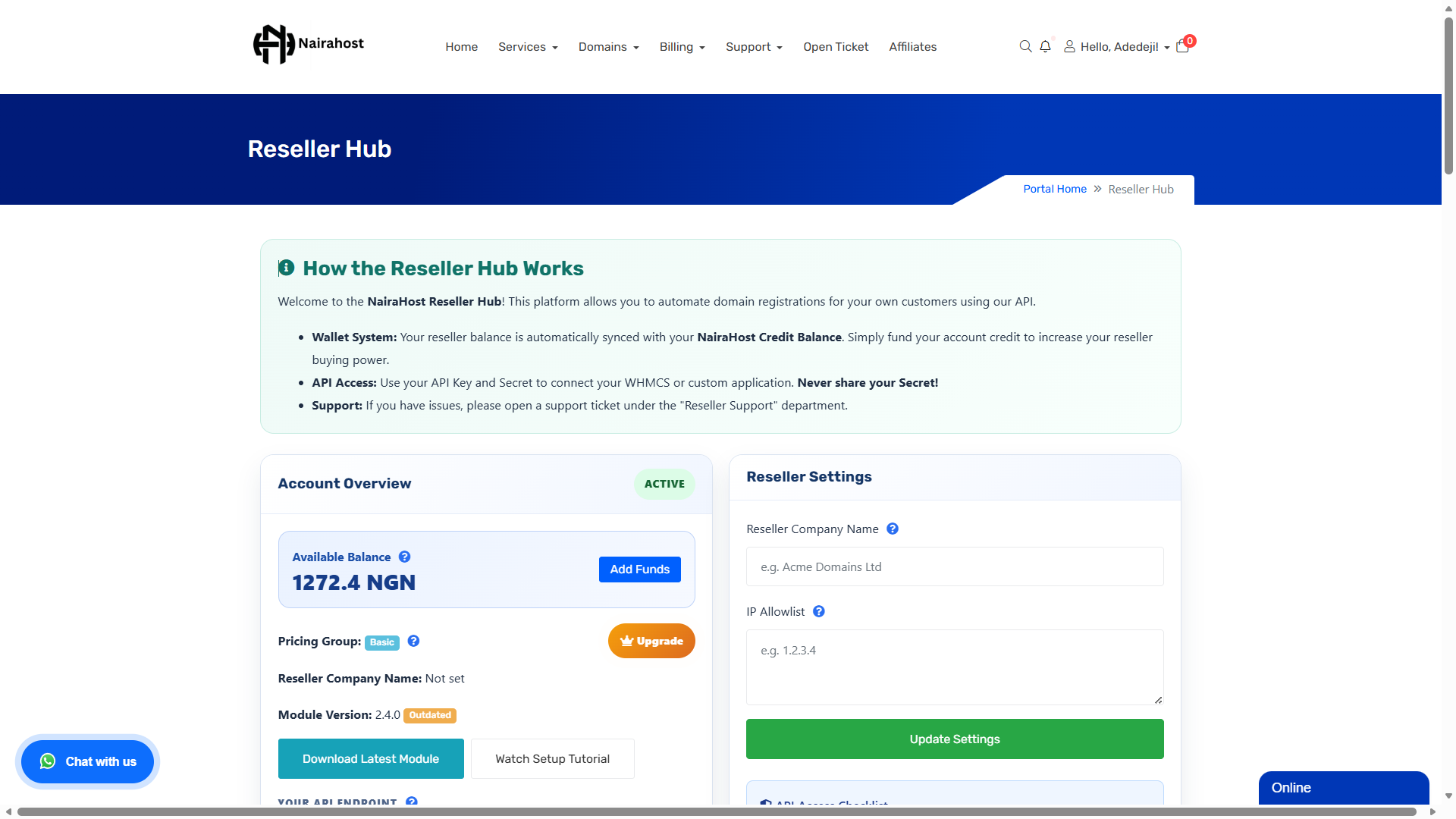 nairahost domain reseller dashboard preview branded screenshots